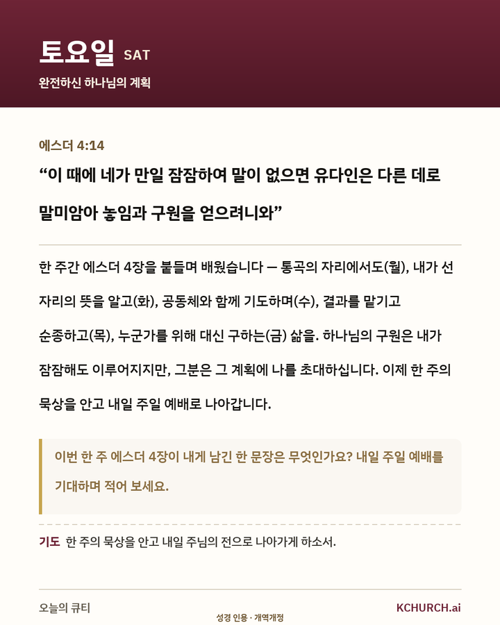 토요일 큐티 카드 — 에스더 4:14 완전하신 하나님의 계획